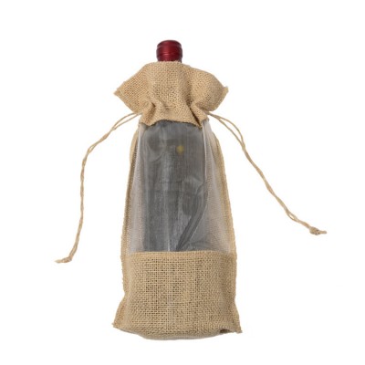 Clear Window Organza Covers Hemp Drawstring Natural Jute Wine Bottle Water Sack Burlap Christmas Party Hessian Bag